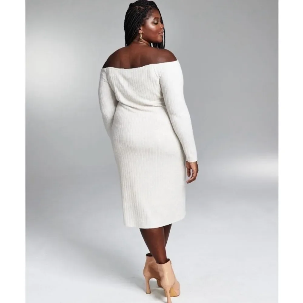 Bar III Women's Plus Size White Off the Shoulder Long Sleeve Sweater Dress 4X - Picture 2 of 7